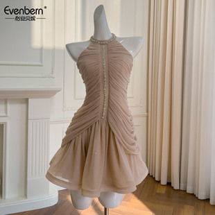 高级感挂脖钉钻连衣裙女短款收腰显瘦名媛宴会气质生日小礼服裙女