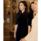 朱珠同款 丝绒旗袍裙日常宴会深蓝色立领收腰显瘦连衣裙夏国风复古