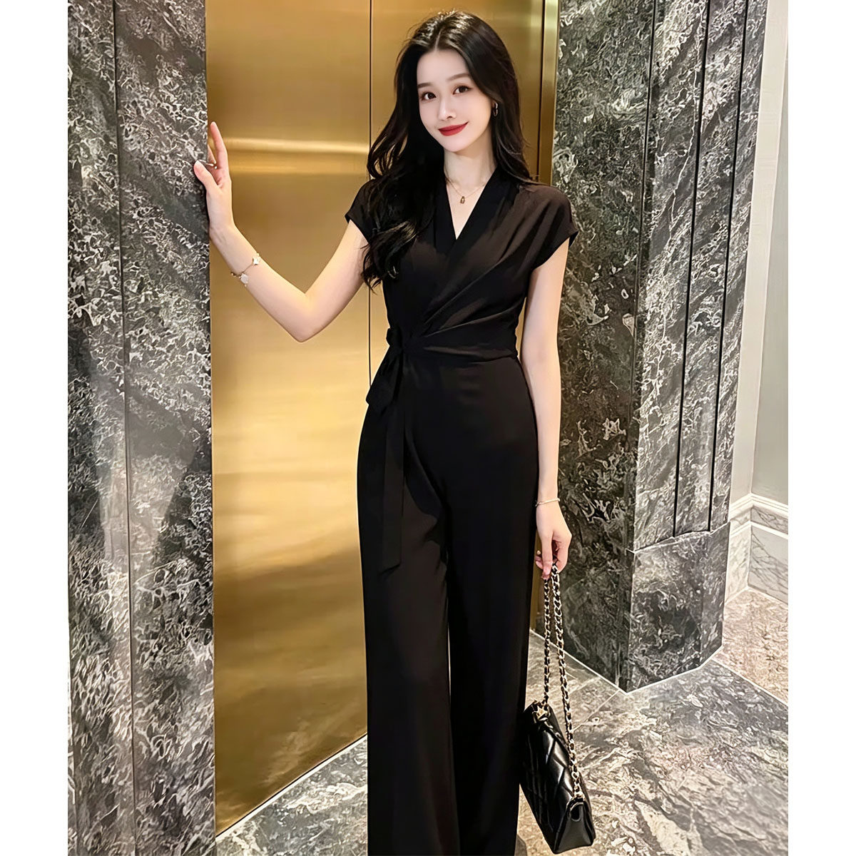 高端醋酸V领系带连体裤女时尚休闲短袖阔腿裤气质修身显瘦连衣裤