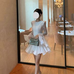 千金名媛风荷叶边长袖连衣裙仙女气质白色重工拼接圆领短款裙子秋