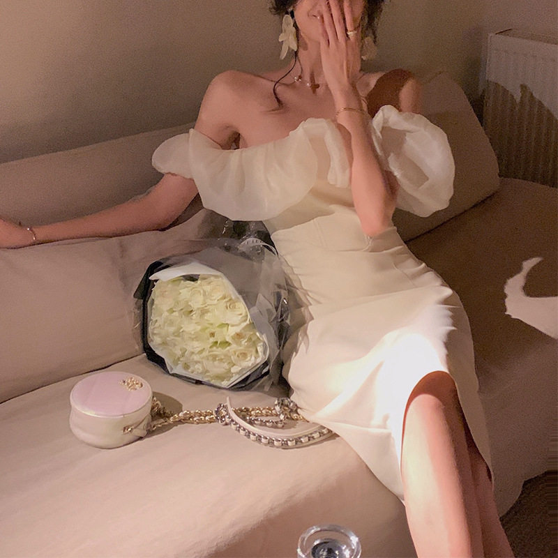 高级感小众性感露肩晚宴会生日派对礼服女夏木耳边纯欲包臀连衣裙