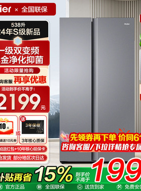 海尔538L升对开双门一级能效变频家用超薄大容量风冷无霜冰箱补贴