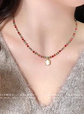 彩色水晶串珠猫眼石吊坠项链女小众气质复古民族风百搭锁骨链颈链