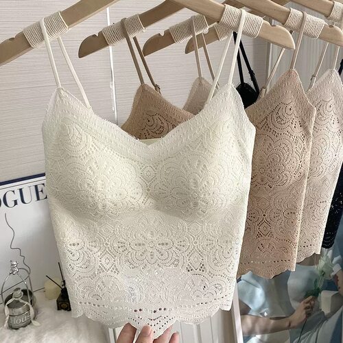 粉底液隐形美背吊带文胸一体内搭早秋蕾丝背心女带胸垫内衣打底