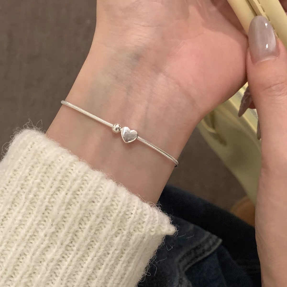 s925纯银手链女碎银几两爱心手饰手串小众设计冷淡风简约手镯配饰