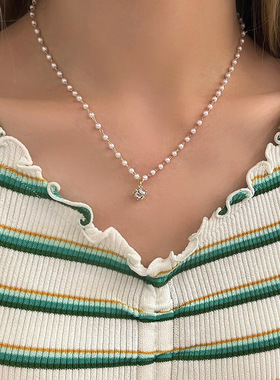 气质简约锆石小米珍珠项链女款2024新款时尚高级感锁骨链百搭颈链