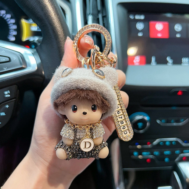 礼盒装创意贴钻毛线帽奇奇钥匙扣防丢手机号码牌汽车钥匙链时尚女