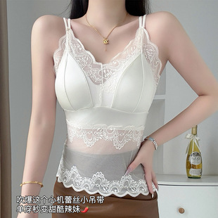 法式蕾丝缎面美背性感吊带背心自带胸垫防走光聚拢一体式大码内衣