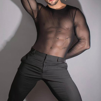 ADANNU阿丹奴青年男士人生性感长袖T恤透明网纱打底衫休闲家居服