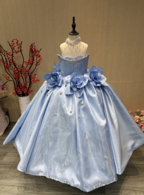 女童礼服蓝色重工花神蓬松蛋糕裙摆立体花朵装饰仙气满满