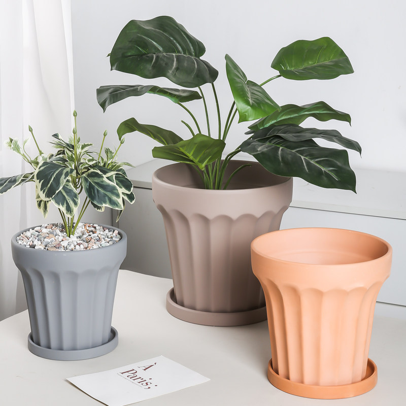 陶土宽边竖纹大口径带托盘