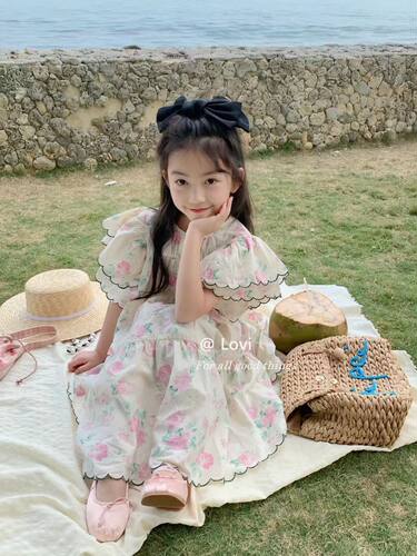 Lovi家女童韩版2023夏新款小飞袖甜美碎花中大童裙子连衣裙