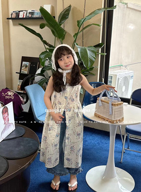 Lop韩童装女童中大童碎花吊带连衣裙夏森系度假气质洋气开叉长裙