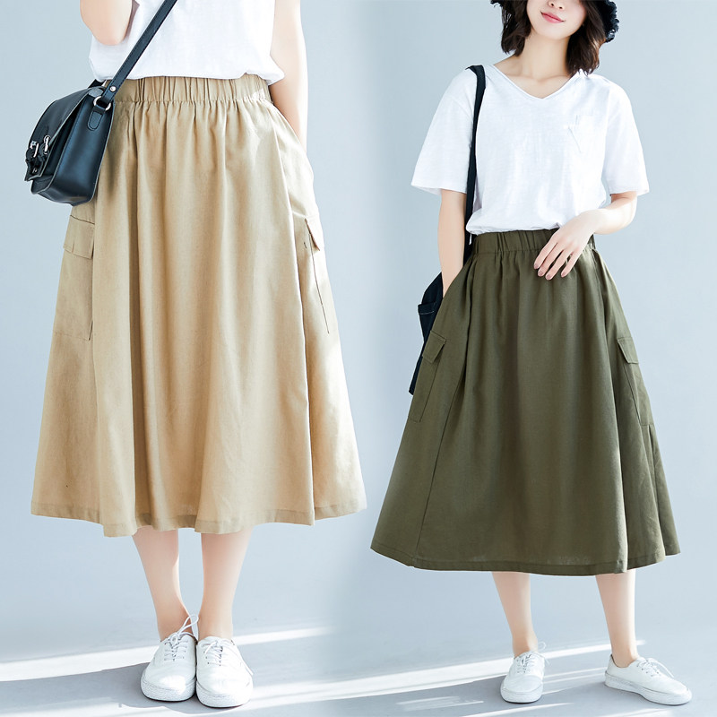 春夏新款时尚韩版百搭高腰半身裙大码宽松女裙松紧腰双口袋A字裙|ruв категории Женская одежда, юбка - от Buy2taobao.com для оказания профессиональной услуги покупки агента Taobao