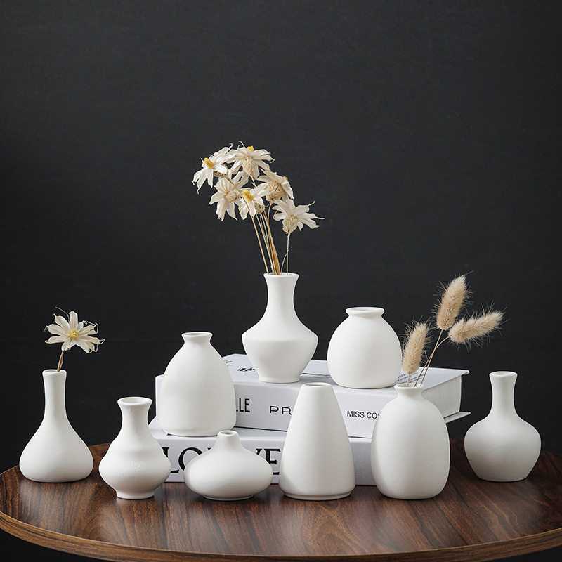 白色陶瓷小彩绘素烧小家居桌面玄关干花花瓶椭圆形花瓶桌面装饰品