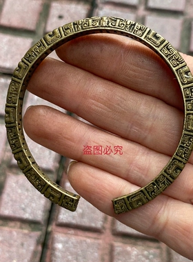 复古古法黄铜做旧回纹雕刻铜手镯圆环形装饰手环铜器圆形传统工艺