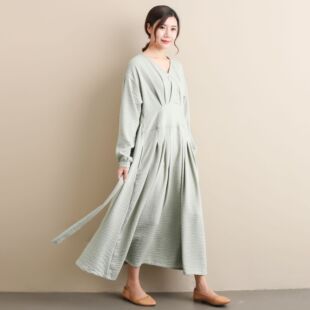 春秋腰带裙民族民国风连衣裙女学生复古文艺纯色收腰长裙休闲百搭