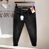 2025秋冬厚男士 修身 小直筒九分裤 高端黑色牛仔裤 弹力刺绣牛仔长裤
