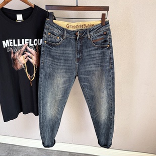 秋冬常规款2025百搭锥形男士做旧弹力九分牛仔裤保暖加绒休闲长裤