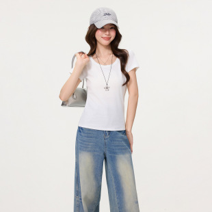 基础款 T恤女2026夏慵懒风松弛感宽松显瘦百搭上衣 纯色U领正肩短袖