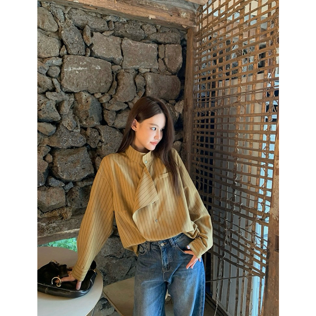 艺术系韩女解构设计仿铜氨设计感立领条纹衬衫7800-55