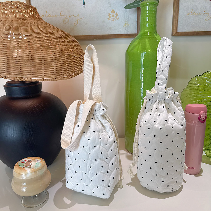 可爱波点抽绳杯套便携水杯袋手提收纳包ins森系夹棉保温杯保护套