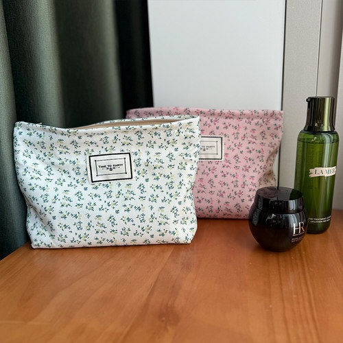 大容量化妆包拉链绒布碎花收纳袋