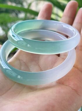 天然玉髓手镯半山半水冰种远山黛玛瑙玉镯渐变青绿色玉镯女送礼