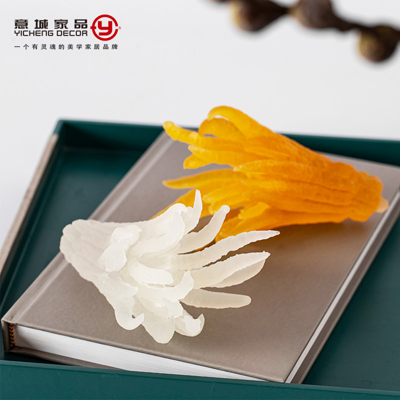 新中式白色黄色磨砂水琉璃佛手摆件 样板房售楼处书房桌面装饰品