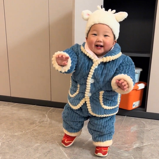 冬季宝宝加厚棉衣三层夹棉套装儿童加绒棉袄棉裤两件套一套过冬