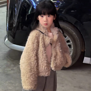 童装女童毛绒绒上衣外套加绒2025冬季韩版时尚儿童立领短版毛毛潮