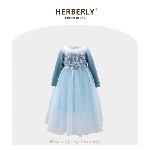 赫柏莉HERBERRY女童爱莎羽毛披风连衣裙秋冬小女孩冰雪艾莎公主裙