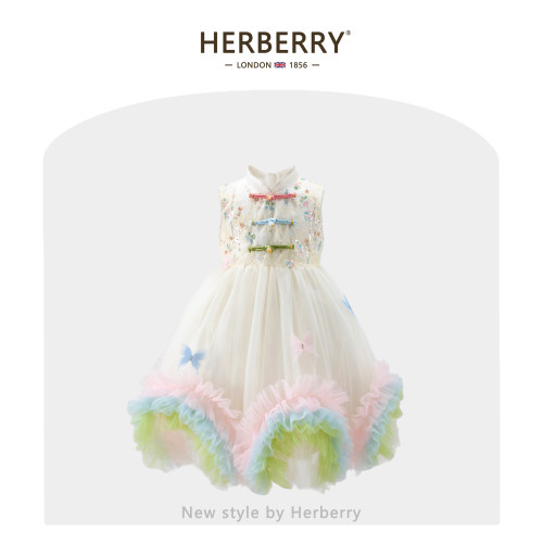 赫柏莉HERBERRY女童新中式旗袍公主裙夏装儿童蝴蝶网纱背心连衣裙