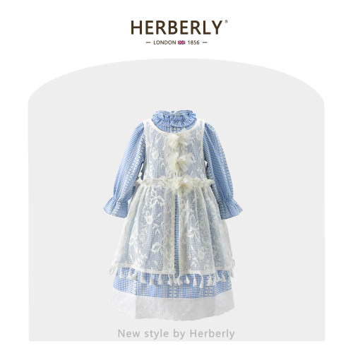 赫柏莉HERBERRY女童连衣裙春秋装洋气小女孩蕾丝长裙条纹裙两件套