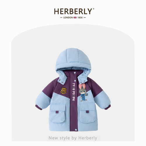 赫柏莉HERBERRY女童兔子警官中长款外套冬装儿童白鸭绒连帽羽绒服