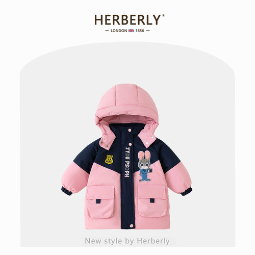 赫柏莉HERBERRY女童加厚白鸭绒羽绒服冬装小女孩兔子警官连帽外套
