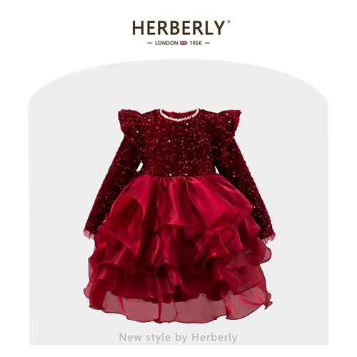 赫柏莉HERBERRY女童加绒亮片连衣裙冬季小女孩红色新年蓬蓬公主裙