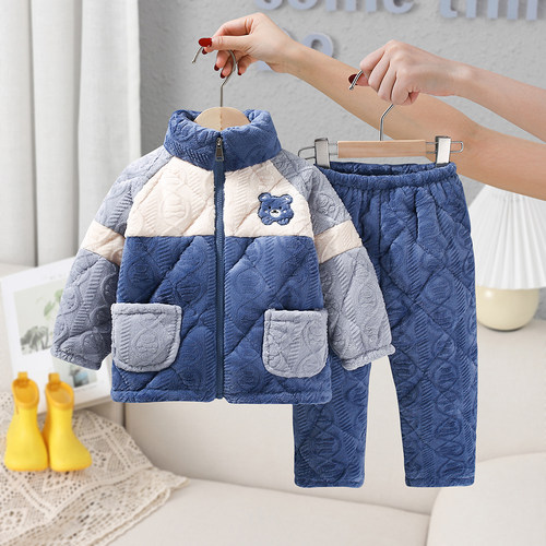 冬季儿童三层夹棉加厚保暖睡衣
