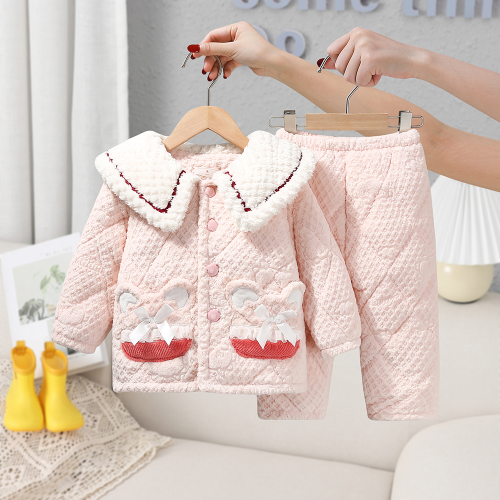 冬款儿童睡衣三层加厚夹棉带帽套装女童小中大童珊瑚绒保暖家居服