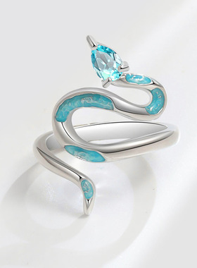 02415欧美跨境新款滴油青蛇开口戒指男女个性冷淡风镀银灵蛇指环