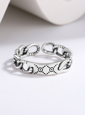 复古做旧潮流时尚链条戒指个性小众设计简约ins镂空泰银指环 饰品