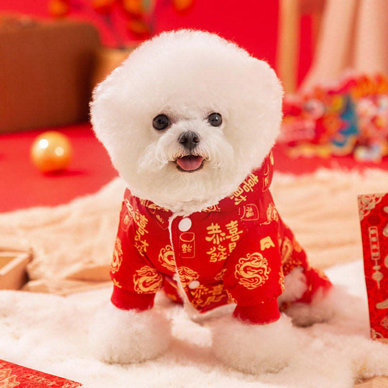 新年满印龙纹小狗狗衣服秋冬天保暖带帽四脚喜庆拜年宠物棉衣服饰