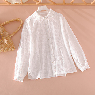 纯棉衬衫女刺绣镂空花文艺高级感白色上衣长袖打底春季百搭衬衣潮