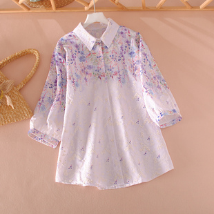 清新慵懒风印花刺绣衬衫女七分袖翻领宽松显瘦遮肉田园风上衣夏季