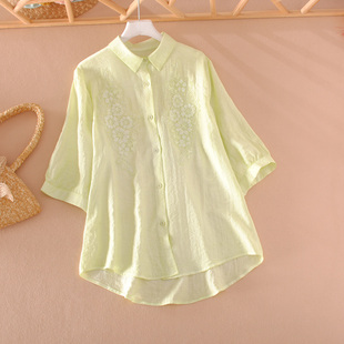 钉珠宽松版 女绿色七分袖 翻领慵懒风休闲外套轻薄衬衣 防晒衬衫 夏季