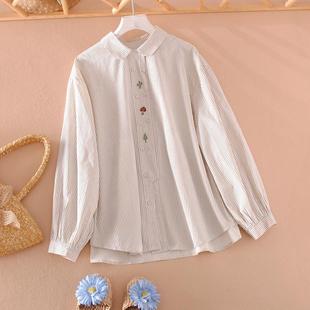 2025春秋女装宽松版甜美蘑菇刺绣棉质竖条纹长袖衬衫洋气显瘦上衣