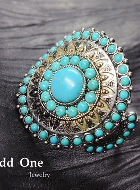 Odd One 做旧烧银色民族风仿松石花盘个性开口手镯