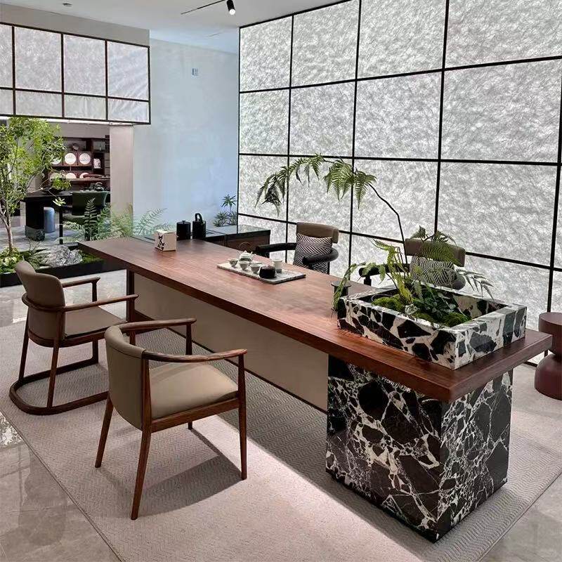新中式岩板茶台设计师款高端定制现代简约轻奢茶室大理石实木茶桌