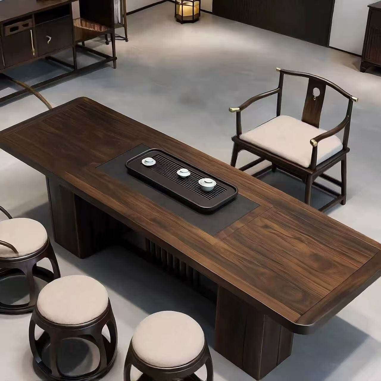 新中式北美黑胡桃茶桌椅组合家用实木茶几办公室高端书法桌泡茶台