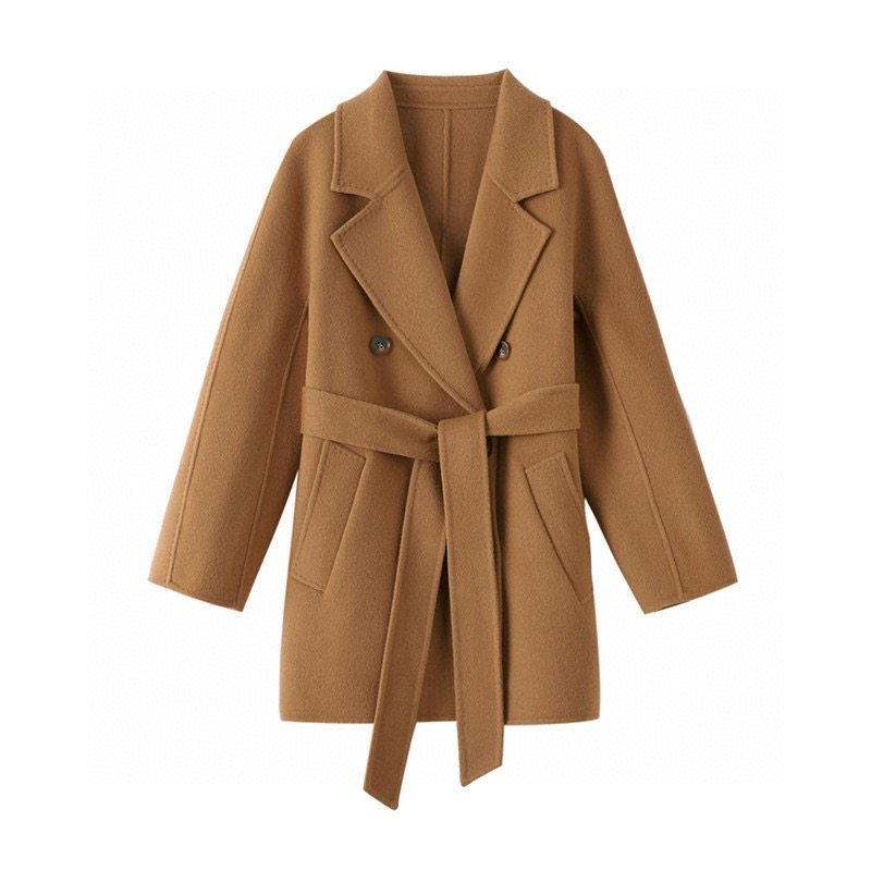 新款100%山羊绒大衣明星同款女士经典西装领驼色外套厚 801短款